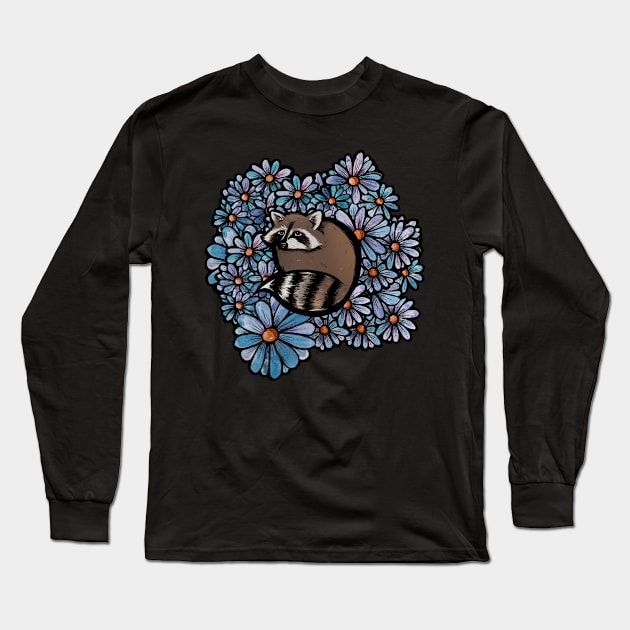 Sweet Raccoon In Flowerbed Long Sleeve T-Shirt by bubbsnugg